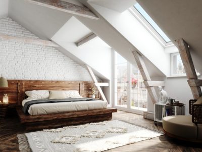 Skandinavischer Stil im Schlafzimmer mit Altholz-Möbeln